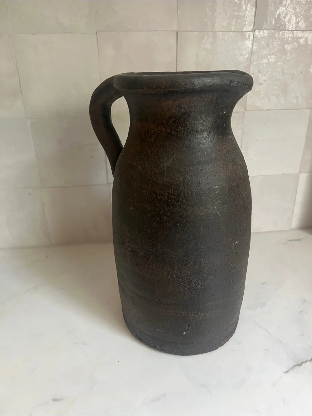 Primitive Chocolate Brown Amber Interiors Style Pottery Vintage Vase Pitcher